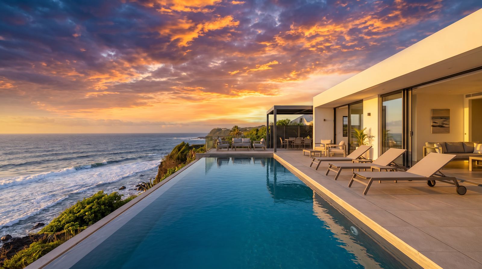 Piscine à débordement de la Villa des Baleines au coucher du soleil